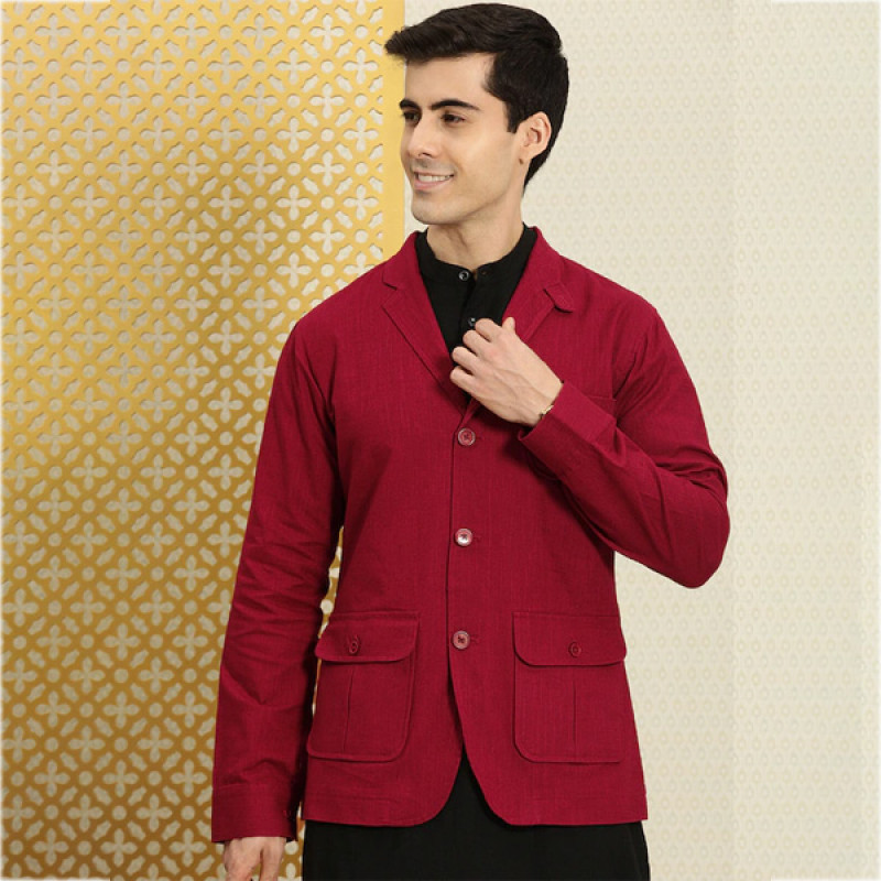 Men Red Solid Single-Breasted Blazer